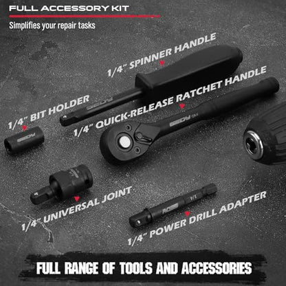 64-Piece 1/4" Drive Impact Socket Wrench Driver-Bits Set, Cr-V Metric&SAE Deep and Shallow Socket Set, S2 Power Bits with Quick-Release Ratchet Handle, Universal Joint, Bit Holder, Power Drill Adapter - style: 1/4" | 64-Piece Socket & Bit Set
