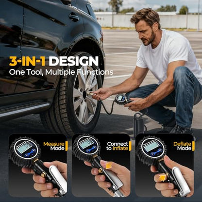 Auto Dynasty Digital Tire Inflator with Pressure Gauge, 200 PSI Air Chuck and Air Compressor Attachments, Heavy Duty Compressor Accessories with Rubber Hose and Quick Connect Coupler
