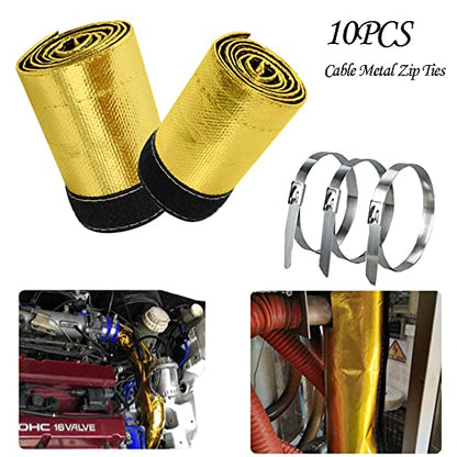 Heat Shroud Sleeving Exhaust Heat Shield 1.1''I.D. x 10FT Fuel line Wire Heat Sleeve Golden Hose Heat wrap for Ultimate Hi-Temp Protection with 10PCS Metal Zip Ties - color: gold, size: 1.1''I.D.