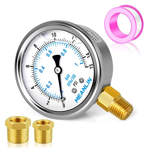MEANLIN MEASURE 0~15Psi Stainless Steel 1/4" NPT 2.5" FACE DIAL Liquid Filled Pressure Gauge WOG Water Oil Lower Mount, with 1/2" NPT and 3/8" NPT Hex Bushing - size: 0-15Psi