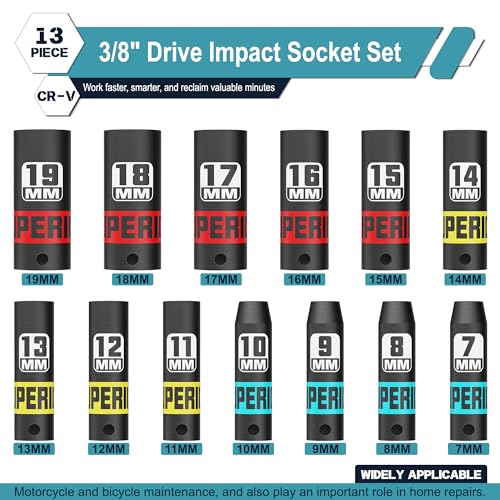 13 Piece 3/8" Drive Impact Socket Set, 7 mm-19 mm Deep Socket, Metric, 6 Point, Automotive Motorcycle and Bicycle Maintenance, Machinery Manufacturing - size: 3/8" Deep Metric