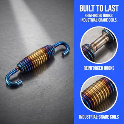 2PCS Motorcycle Exhaust Muffler Spring, Stainless Steel Modified Exhaust Spring Hooks, 40mm-60mm Extended Noise Reduction Swivel Springs, Universal for Motorcycles, Scooters and ATVs (Blue)