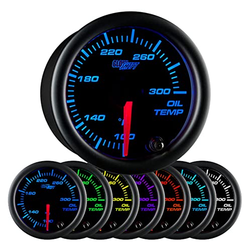 GlowShift Black 7 Color 300F Oil Temperature Gauge Kit, 2-1/16" 52mm
