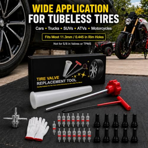 31PCS Quick Change Tire Valve Core Tool Kit,Replace Valve Stem Without Removing Tire- for Car, Truck, SUV, ATV, Motorcycle - Fits 11.3mm Rim Holes - Replace Valve Stems (TR413,TR414)
