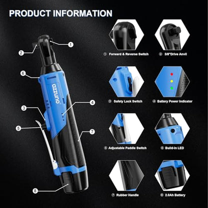 AZZUNO 3/8" Electric Ratchet Wrench Set 30 Ft-lbs Cordless Ratchet Wrench 300 RPM Power Ratchet Tool Kit with 2 x 2000mAh Lithium-Ion Battery, Fast Charger, 7 Sockets and 3" Extension Bar - color: Blue