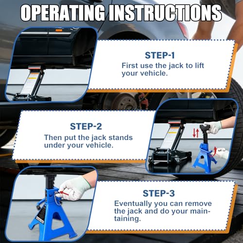 3 Ton Jack Stands Heavy Duty 6,600 LBs, Car Jack Stand for Trucks with Double Pin Locking & Extra Rubber Pads, 11.3"-16.5" Adjustable for Garage, Home,DIY Vehicle Lifting, 1 Pair Blue