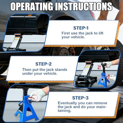 3 Ton Jack Stands Heavy Duty 6,600 LBs, Car Jack Stand for Trucks with Double Pin Locking & Extra Rubber Pads, 11.3"-16.5" Adjustable for Garage, Home,DIY Vehicle Lifting, 1 Pair Blue