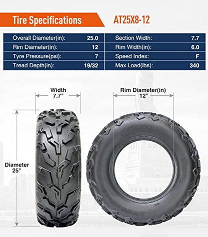 HALBERD 25x8-12 ATV/UTV Tires, 6PR New Tread, Pack of 2 - size: 25x8-12