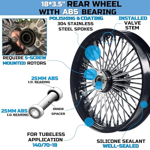 FatFlex 18 in Rear Wheel, Chrome Spokes, Black Rim for Harley ABS - color: 18" x 3.5",Black+Chrome+Black