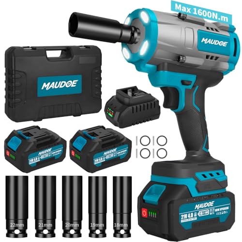 1600N.m (1180Ft-lbs) Cordless Impact Wrench, 21V 1/2" Brushless High Torque Impact Gun, 2×4.0Ah Batteries & 5 Sockets, 3-Speed Adjustment, Pistola De Impacto Drive for Car/Truck/RV/Mower Repair