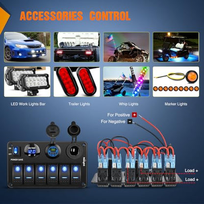 Nilight 6 Gang Rocker Switch Panel Toggle Power Control 12V 24V Pre-Wired - color: Power Control Blue
