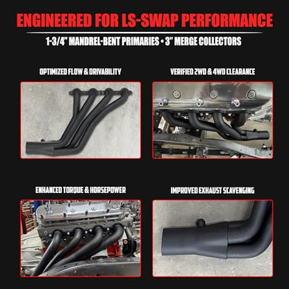 Long Tube Headers for LS Swaps Black Aluminized Thermal Barrier Coating with MLS Gaskets & Header Bolts Fits 73–87 Chevy GMC C10 K10 and 88–91 Square-Body Blazer Jimmy Suburban (Not OBS) - size: Black New Design C10 K10 LS Swap Headers