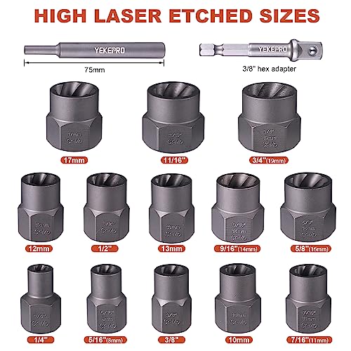 15PCS Impact Bolt & Nut Extractor Set, 3/8" Drive Extractor Socket Set - size: 15-Piece Bolt Extractor Set