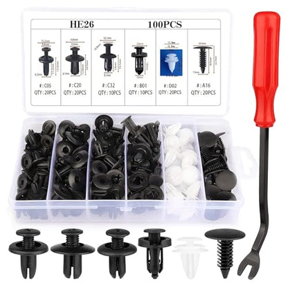 100PCS Car Bumper Push Retainer Clips & Nylon Fasteners Rivet Kit, 6 Sizes Car Body Screw Retainer, Door Trim Panel Clips, Universal Auto Bumper Accessories for Car Truck SUV (100PCS&Tool)