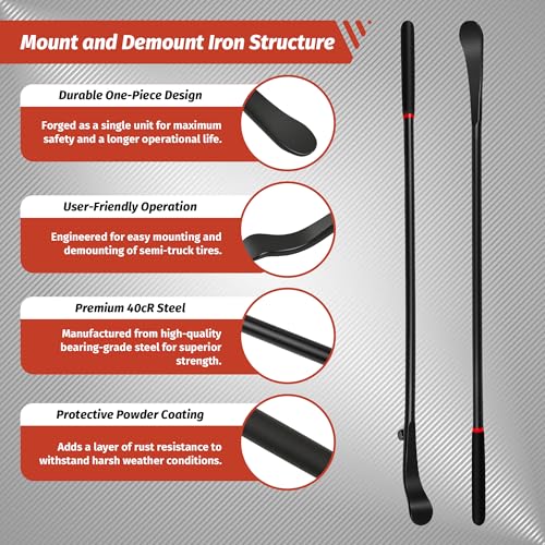 39 Inch Tire Mount and Demount Iron, 40Cr Forged Steel Tire Changing Bar with Anti-Vibration Handle for Tubeless Tires, Truck, Auto, Off-Road, Tractor - Manual Tire Changer Tool 2PCS