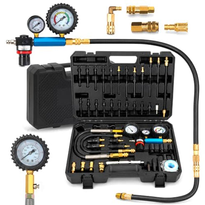 46PCS Automotive Compression Tester Kit with Dual-Dial Gauge Gasoline & Diesel Compression Tester Set Cylinder Leak Down Tester for HDI, TDCi, Pump Duse (PD) (1/4 US Standard Air Inlet)