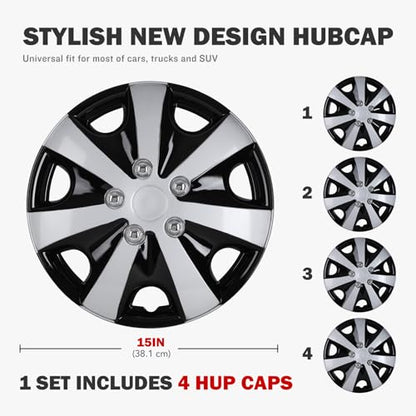 Hubcaps 15 Inch 4 Pcs Wheel Covers Compatible with 15in Cars SUV - color: 5051-Silver & Black-15