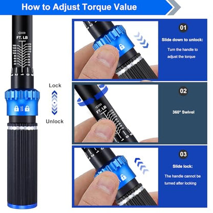 Torque wrench Set 1/2 drive,1/2 Torque Wrenches 10-170 FT.LB/13.6-230.5 Nm,±3% Precision Wrench with 1/2'' to 3/8'' Socket Adapter, 5 Inch Extension Bar for Car and Moto Maintenance - size: 1/2" 10-170 FT.LB - 4 Pcs