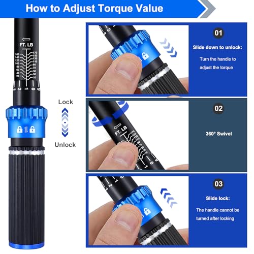 Torque wrench Set 1/2 drive,1/2 Torque Wrenches 10-170 FT.LB/13.6-230.5 Nm,±3% Precision Wrench with 1/2'' to 3/8'' Socket Adapter, 5 Inch Extension Bar for Car and Moto Maintenance - size: 1/2" 10-170 FT.LB - 4 Pcs