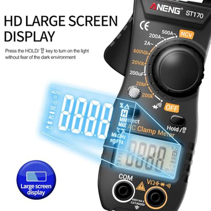 NCV Digital Clamp Meter Multimeter 2000 Counts Amp Voltage Tester Auto-ranging with AC/DC Voltage, AC Current, Resistance, Capacitance, Continuity, Live Wire Test, Black