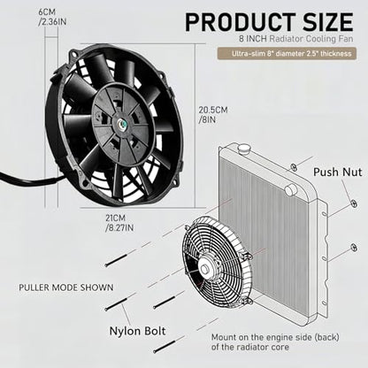 8 Inch Reversible Radiator Cool Fan, Upgraded Push & Pull Slim Electric Cooling Fan 12V 80W, Universal Fit for Car/Truck/SUV (Black w/Mount) - size: 8 INCH