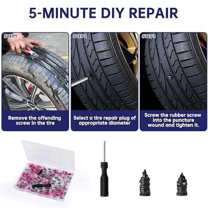 82PCS Tire Repair Screws, Heavy Duty Tire Plug Kit Screw Type, Screw in Plugs, Vacuum Rubber Nails, Tubeless Patch Kit for Car Motorcycle Truck SUV with Tread Depth Gauge