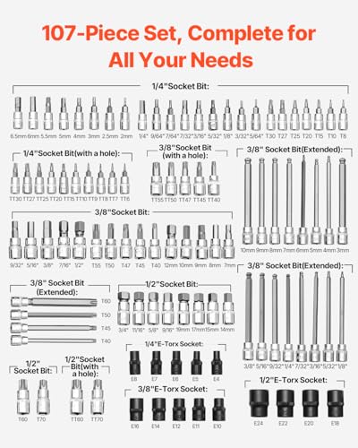 VEVOR Bit Socket Set, 107-Piece SAE and Metric, Hex/Torx/External Torx/Tamper-Proof/Extra Long, S2 Alloy Steel and Cr-V Steel, 1/4 in, 3/8 in, and 1/2 in Drives, with Enhanced Storage Case, Hand Use - size: 107 PCS