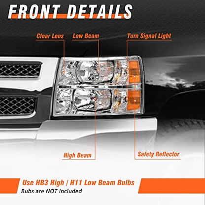 for 2007-2014 Chevy Silverado Headlights Chrome Housing - color: A-Chrome Housing Amber Reflector