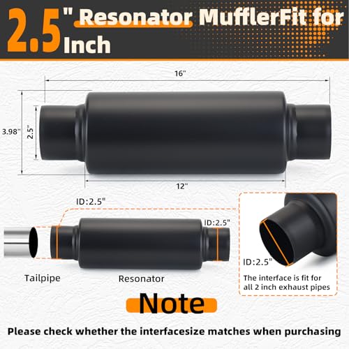 A-KARCK 2.5" Inlet Exhaust Resonator, 2.5" Inlet 2.5" Outlet 16" Overall Length Muffler Resonator Stainless Steel,Polished (Black) - color: Black, size: 2.5" Inlet 16" Overall Length