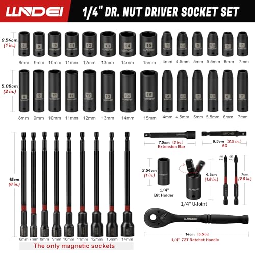 1/4" Drive Socket Set Nut Driver Set with Ratchet, 44Pcs Wrench Tool Set - size: 44PCS Metric