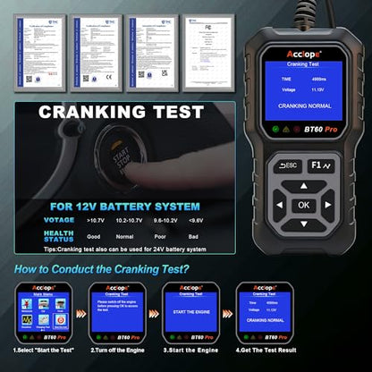 BT60 PRO 2-120AH Battery Tester 6V/12V/24V 100-3000 CCA QR Report - color: Black-Grey