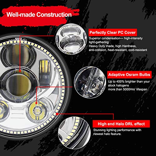 Wisamic 5.75" LED Motorcycle Headlight with Halo DRL Compatible with Harley Davidson Dyna Street Bob Super Wide Glide Low Rider Night Rod Train Softail Deuce Custom Sportster Iron 883 -Silver - color: Silver