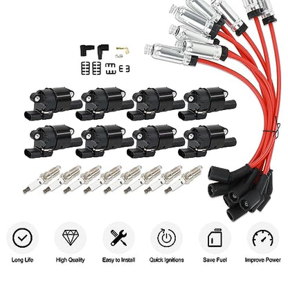 8PCS UF414 Round Ignition Coils Pack & Iridium Spark Plugs & Spark Plug Wires Set Compatible with Chevrolet Corvette Avalanche Silverado 1500 2500 3500 GMC Savana 1500 2500 Cadillac Escalade - size: UF414 Ignition Coil & Spark Plug & Wires