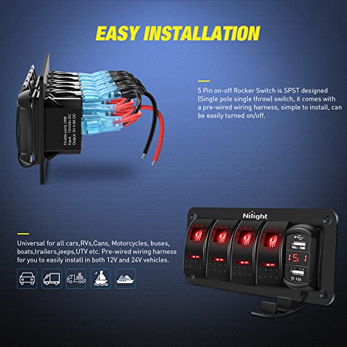Nilight 4 Gang Rocker Switch Panel with Dual USB Socket Voltmeter - color: Red, size: 5 Gang Dual USB
