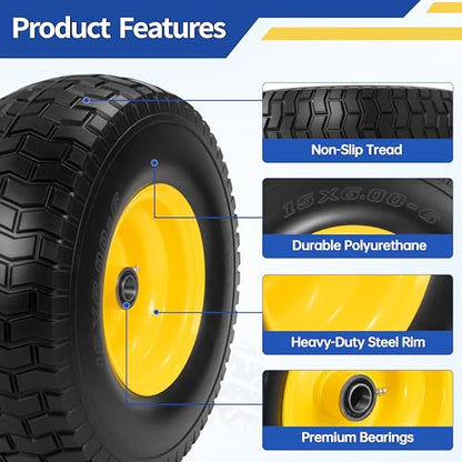 2 Pcs 15x6.00-6 Flat Free Lawn Mower Tire and Wheel, 3/4" & 5/8" Bearings - size: 2 Pcs 15x6.00-6 Flat Free
