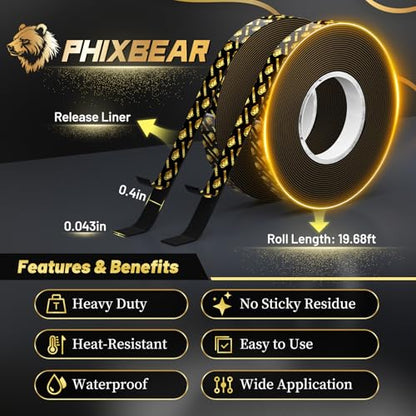 PHIXBEAR Pro+ Heat Resistant Heavy Duty Foam Tape, Super Strong Double Sided Mounting Tape for Indoor, Outdoor, Automotive, LED Strip, Weatherproof Removable No Residue 0.4" x 19.7 FT - size: 0.4"x19.7'