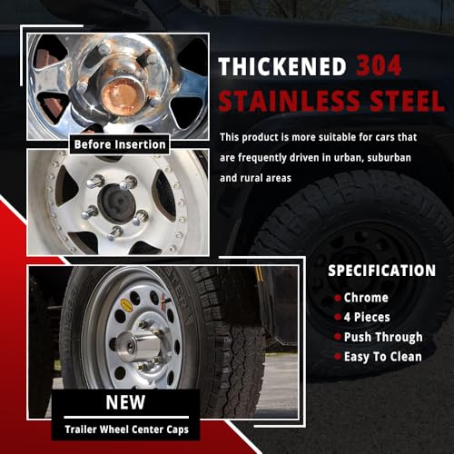 RTrhinotuning 4 PCS 4.25 in Stainless Steel Wheel Center Caps for 4.49 in / 114 mm Trailer Truck Rim Center Holes, Chrome Push Through Hub Caps 4.22 in Hight - color: 2-Chrome