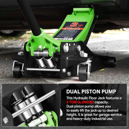 DNA Motoring Low Profile Hydraulic Trolley Service/Floor Jack, 3 Ton (6000 lbs) Capacity Heavy Duty Hydraulic Car Jack, Lifting Range 3"-20", Green, TOOLS-00475-GR - color: Green, style: 3 ton