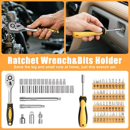 328 Piece Tool Kit for Home,Hand Repair Tool Set,Toolbox Storage Case with Drawer,General Household/Auto Tool Kit,Perfect for Homeowner, DIY, Handyman - color: Black and yellow