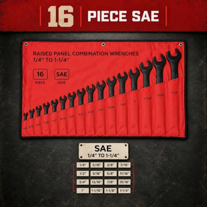 ABN Standard Wrenches Set - 16 Piece SAE Combination Wrench Set 1/4in to 1-1/4in SAE Wrench Set with Roll Up Pouch - size: SAE