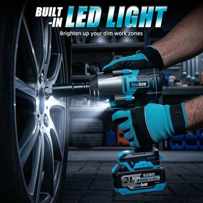 Bluebow Cordless Impact Wrench, 960 ft-lbs (1300 N·m) Brushless Impact Wrench with 2x4.0Ah Battery, 1/2" 3-Speed Modes Impact Gun with 4 Sockets for Pickup, Truck, Home Car - size: XLarge