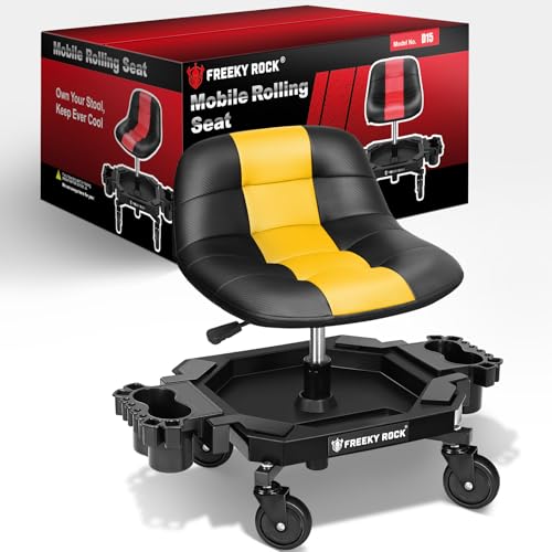 Rolling Stool with Wheels, Adjustable Height Pneumatic Garage Work Mechanic Stool Seat with Backrest, 400 LBS Capacity 360° Swivel Mechanic Crepper Chair with Tool Tray Storage, Yellow - color: Yellow
