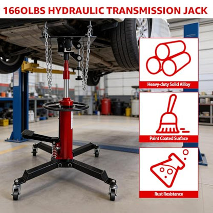 Transmission Jack,34"-68" High Lift,1660 Lbs Hydraulic Telescoping Transmission Jack,Single Stage Transmission Stand,0.75Ton Capacity with Foot Pedal,360° Swivel Wheel, Garage/Shop Lift Hoist