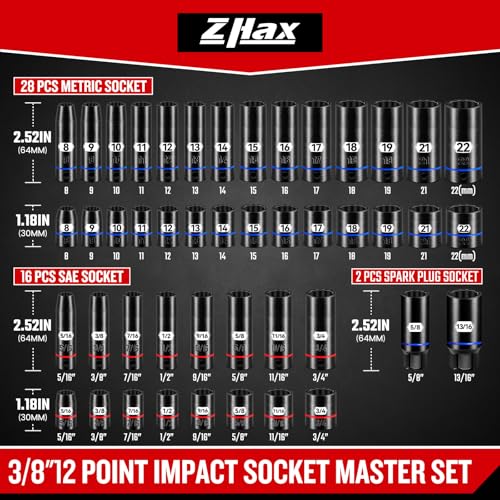 ZHAX 3/8 Inch Drive 12 Point Impact Socket Set, 74 PCS Standard SAE(5/16"- 3/4") & Metric(8-22mm) With Color Ring, Deep & Shallow, 72T Wrench Ratchet Tool Kit,Cr-V With Heavy Duty Storage Case - size: 3/8" drive 12 point