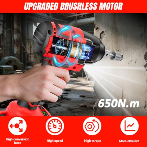 Karramlili 21V Brushless Impact Wrench 650Nm – 1/2" Cordless Impact Gun with 2x 4000mAh Batteries, Variable Speed 0-3000 RPM, 2-in-1 Impact Wrench & Drill, LED Light, Heavy Duty for Truck & Automotive