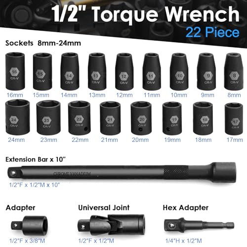 YIYEIE 22PCS Torque Wrench Set 1/2" Drive, 10-180 ft.lb/13.6-244.1 Nm, Click Torque Wrench with Impact Sockets, 1 ft.lbs Micro, 72-Tooth Ratchet, Quick Release Head, Master Torque Tool for Car Repair - size: 1/2″ 22PCS