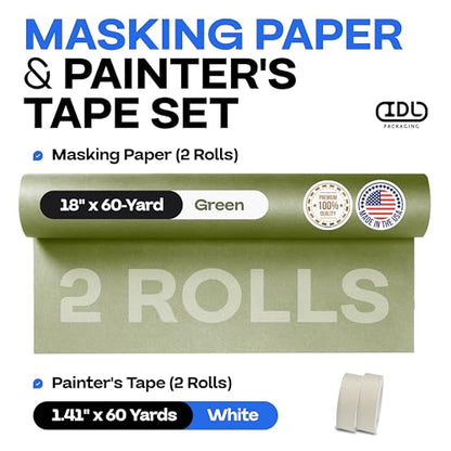 IDL Packaging Premium Masking Kit - 18" x 60 Yards Green Masking Paper (2 Rolls) and 1.41" x 60 Yards White Tape (2 Rolls) - Masking Set to Protect Surfaces - Great for Automotive Industry - size: Green 18" X 60 Yards, style: SET White, Pack of 2
