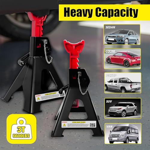 YATOINTO Jack Stands 3 Ton (6,600 LBs) with Double Pin Locking, Car Jack Stand 11.22"-16.54" Adjustable with Rubber Pads, Jack Stands for Trucks,Home,Garage, SUV, Pickup,Car,UTV/ATV,1 Pair - color: Black+Red, size: 3 Ton Double Pin Locking with Rubber Pad