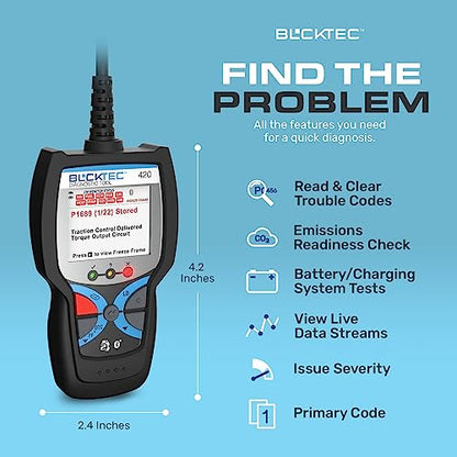 BLCKTEC 420 Bluetooth OBD2 Scanner Diagnostic Tool - Vehicle Code Reader for Car - Clears Check Engine Light - Comes with Premium OBD App On IOS & Android - Works For All Cars 1996 & Newer - size: 1.8 inches