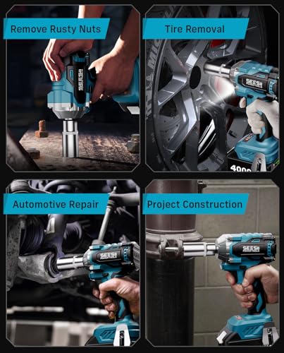 Seesii 3/8" Cordless Impact Wrench, Power Impact Gun w/Max Torque 330Ft-lbs(450N.m), 4.0Ah Rechargable Battery & 4 Sockets, Compact Power Impact Wrench for Lightduty Work Car Home,WH450